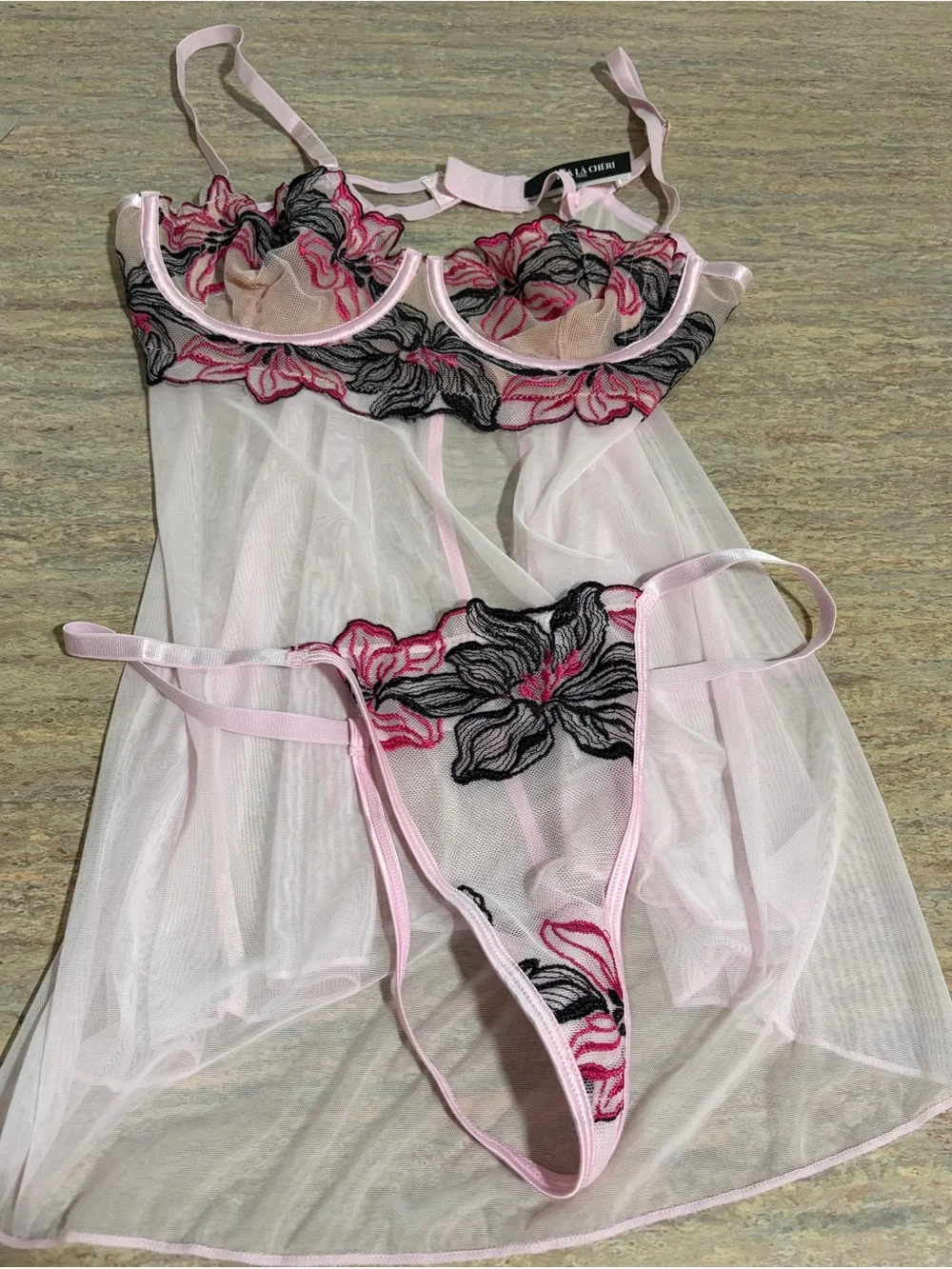 NWOT Oh La La Cheri Paris Pink Floral Embroidered Sheer Babydoll & Panty Set